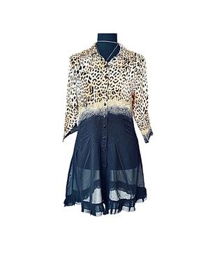 #54 JERRY T ~ Leopard Print Button-Up Top w/Sheer Black Bottom Piece 3/4 Sleeves